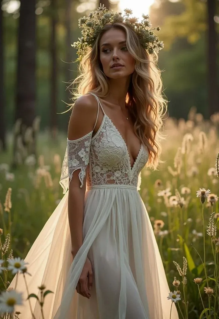 Novia con corona de flores y vestido de encaje en una pradera.