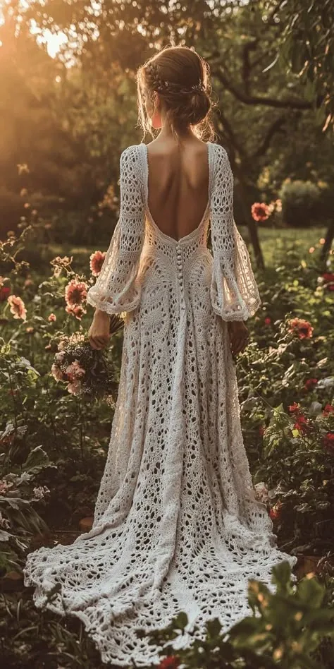 Novia de espaldas con vestido blanco de ganchillo en un jardín de rosas.