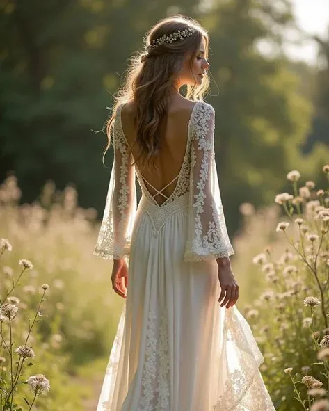 Novia de espaldas con vestido blanco de encaje y cabello ondulado en un prado.