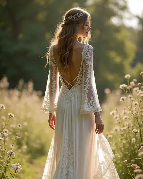 Bride seen from behind in a white lace dress, standing in a meadow.