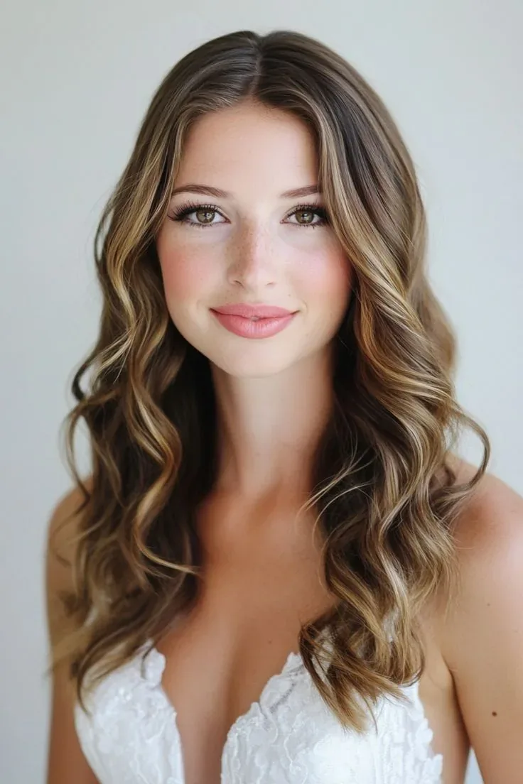 Bride with long waves, soft makeup, and a white lace dress.