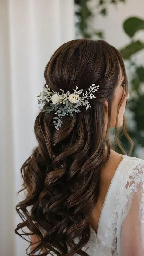 Peinado semirrecogido con ondas oscuras y adorno floral en una novia.