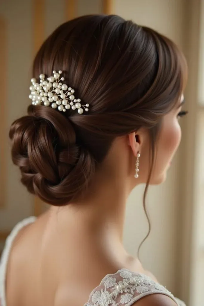 Novia de perfil con recogido bajo, adorno de perlas y vestido de encaje.