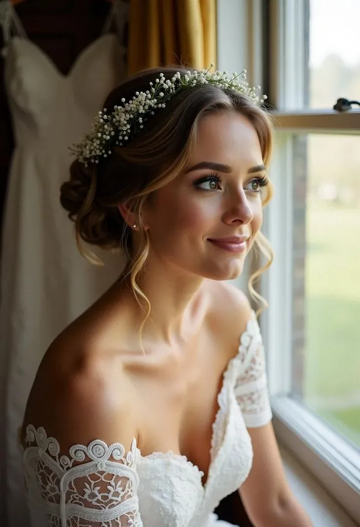 Novia con vestido de encaje, peinado recogido y corona de flores junto a una ventana.