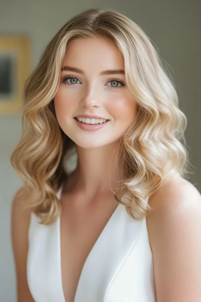 Portrait of a blonde bride with long waves, soft makeup, and a sleeveless white dress.