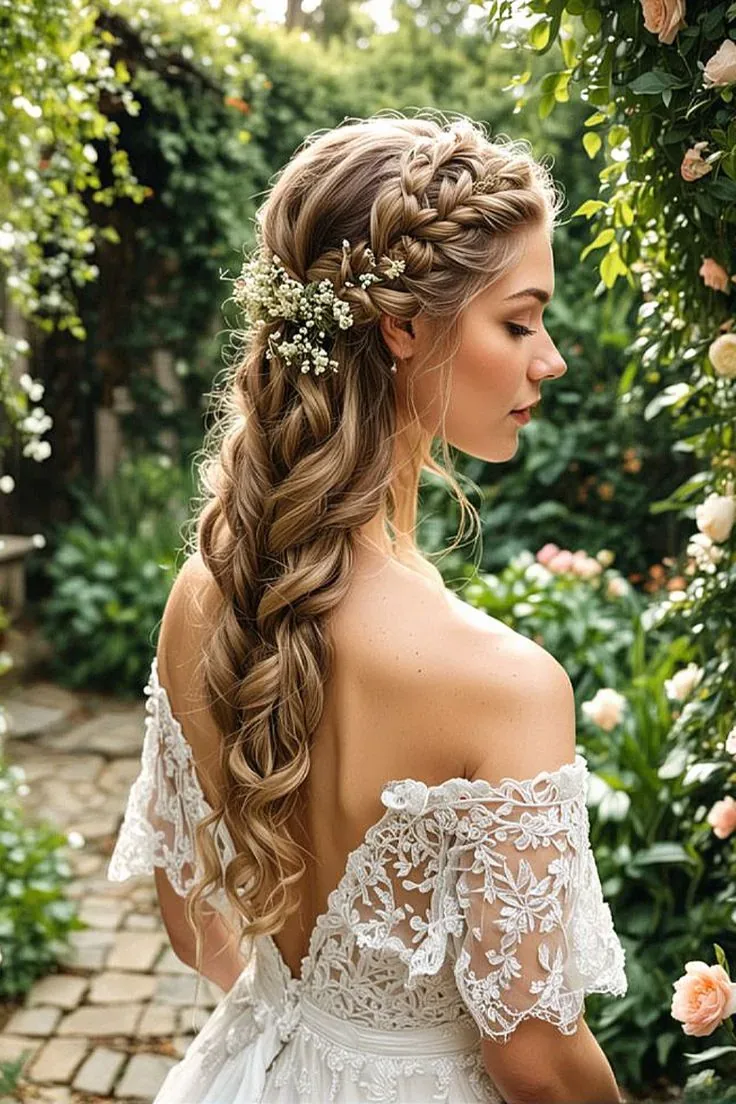 Novia de perfil con trenza larga adornada con flores blancas y vestido de encaje en un jardín.
