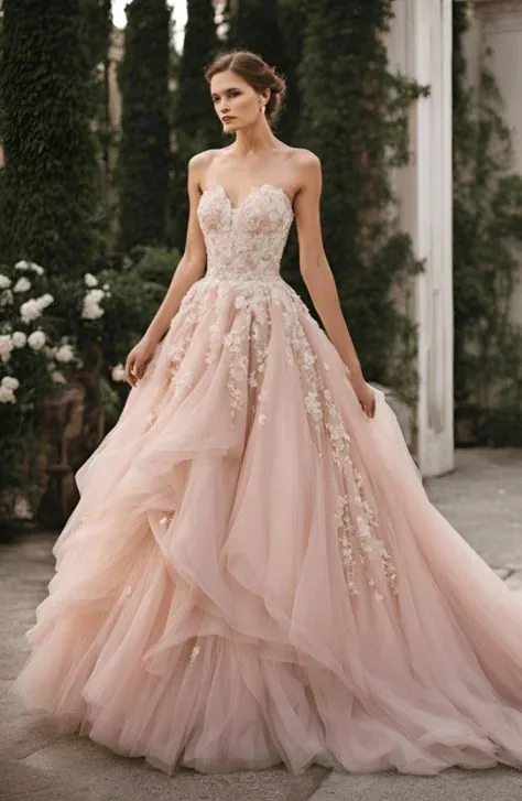 Novia con vestido rosa de falda voluminosa en un jardín
