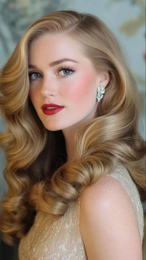 Retrato de una mujer con ondas rubias marcadas, maquillaje con labios rojos, aretes de cristal y vestido claro.