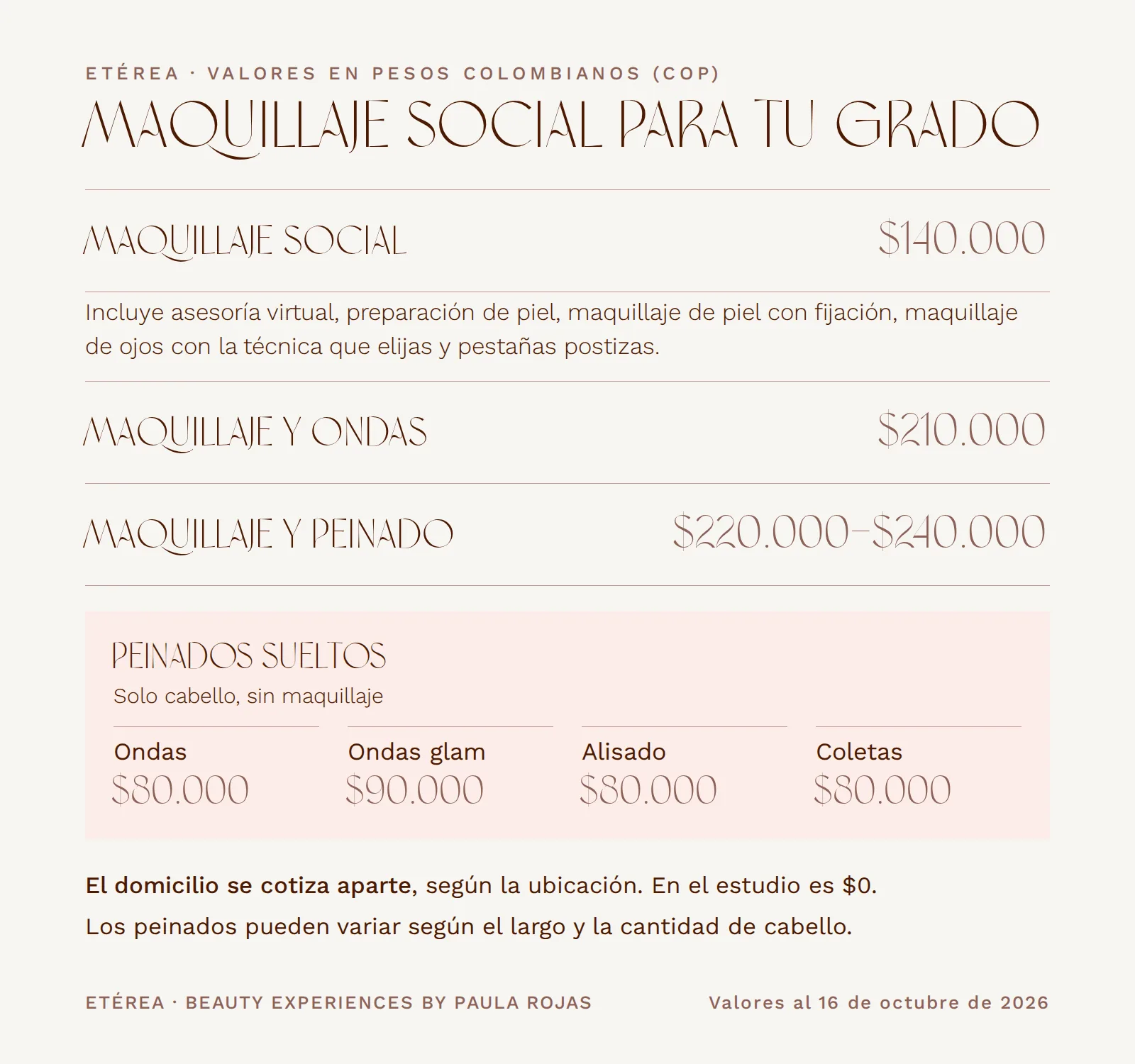 Lista de precios de maquillaje social y peinados para grado, en pesos colombianos.